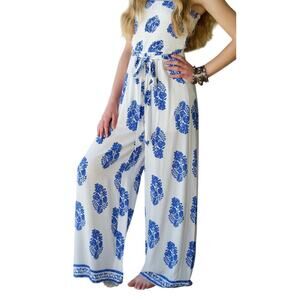 Aakaa Blue Dot Smocked Top Wide Leg Tie Waist Lined Jumpsuit Small